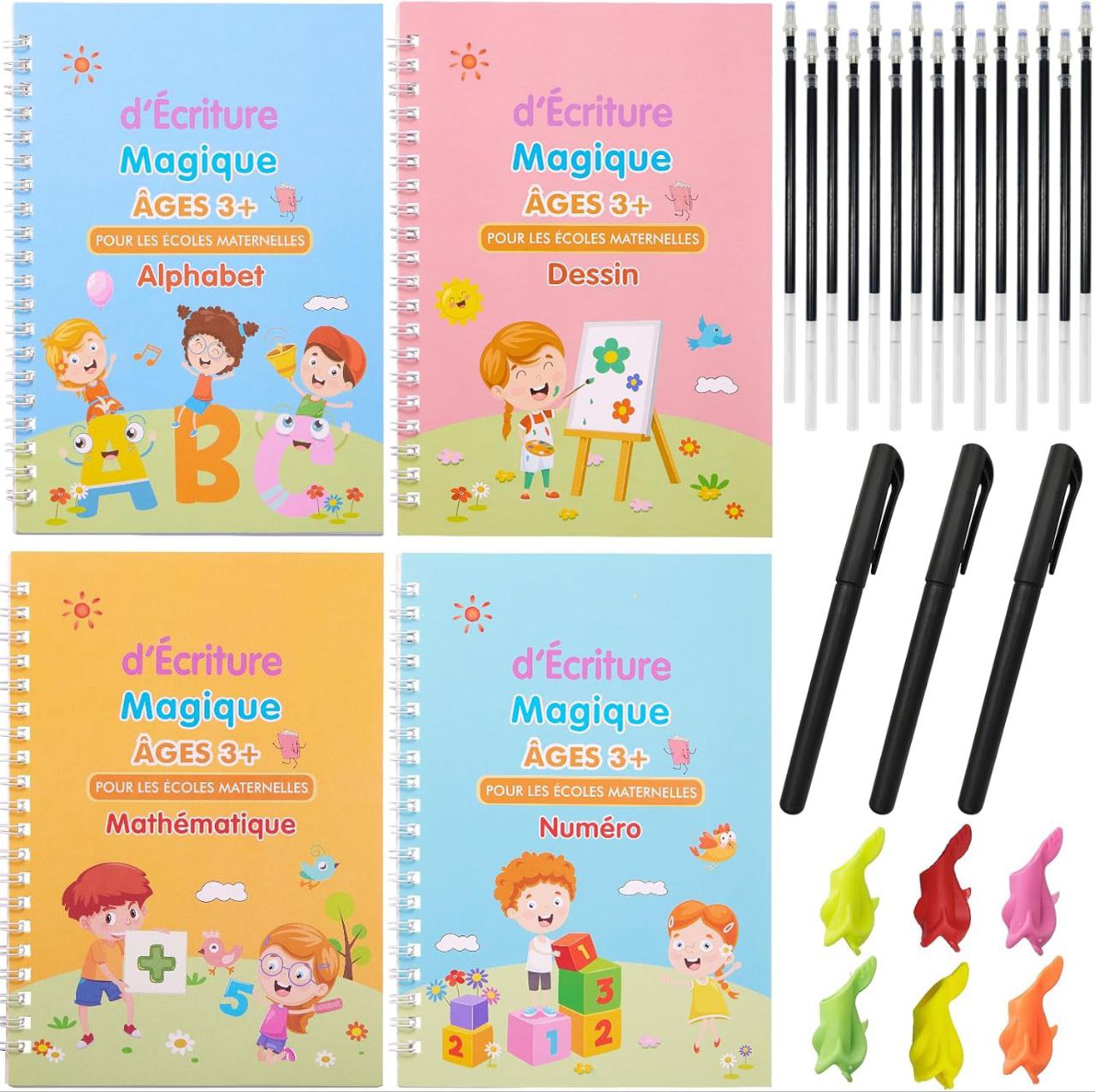 Pack de 4 Cahiers Magiques Réutilisables + 20 Stylos Offerts – Pour apprendre sans s’arrêter !