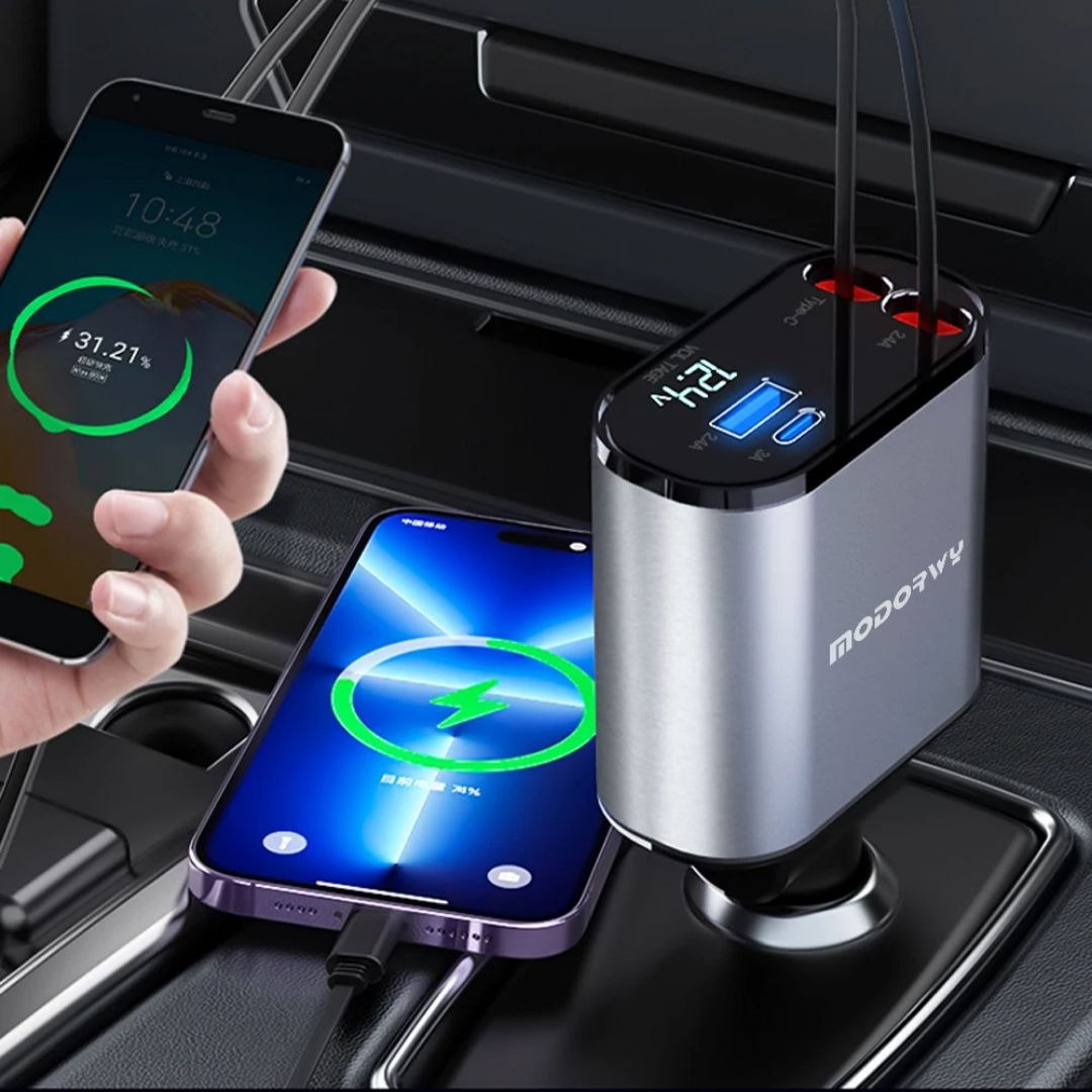 Chargeur Rétractable 4 en 1 – La Solution Pratique Pour Recharger Simultanément Tous Vos Appareils, Sans Câbles Encombrants Dans Votre Voiture