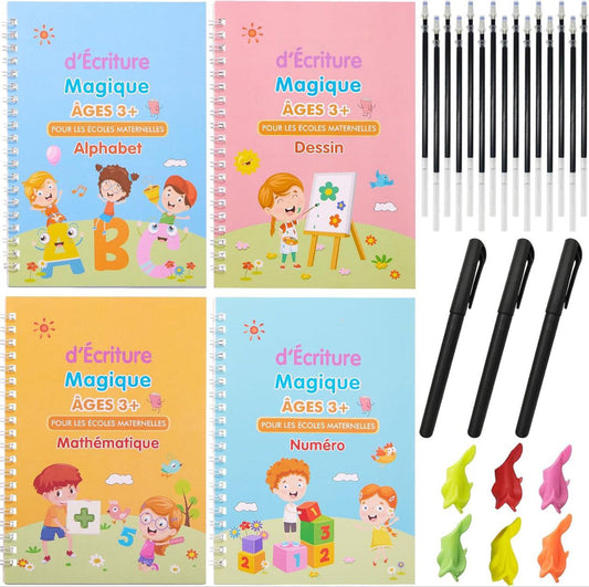 Pack de 4 Cahiers Magiques Réutilisables + 20 Stylos Offerts – Pour apprendre sans s’arrêter !