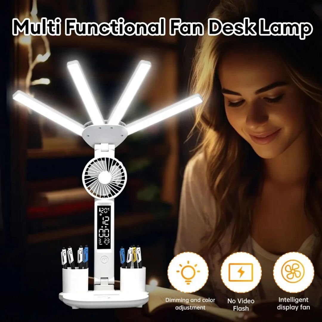 Lampe Magique Pliable de Bureau 5 en 1 – Éclairez, Rafraîchissez, Travaillez !